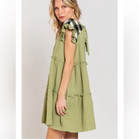 POL | Chelsea Ruffle Plaid Gauze Tunic Mini Dress Navy Charcoal Deep Olive Green - Picture 9 of 13